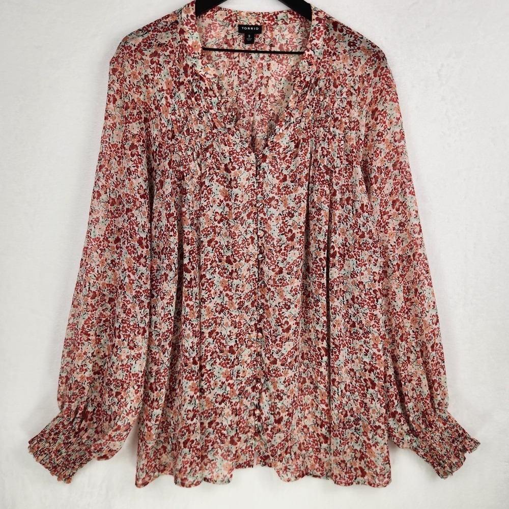 Torrid Sheer Button Front Top 3 Red Floral Metallic Smocked Cuff Boho Cottage